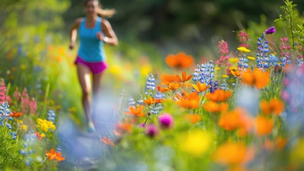 A female athlete in vibrant sportswear runs energetically through a field adorned with colorful wildflowers during a race. AIG41