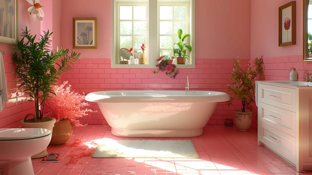 An interior design featuring a bathroom with pink tiles, a tub, toilet, sink, and mirror. The space is decorated with a plant in a flowerpot, wood fixtures, and a window providing natural light