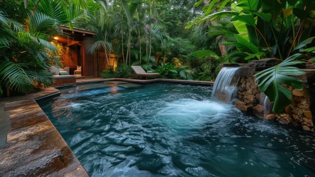 A luxurious spa retreat in a tropical setting, serene pool, lush greenery, embodying relaxation and wellness. Resplendent.