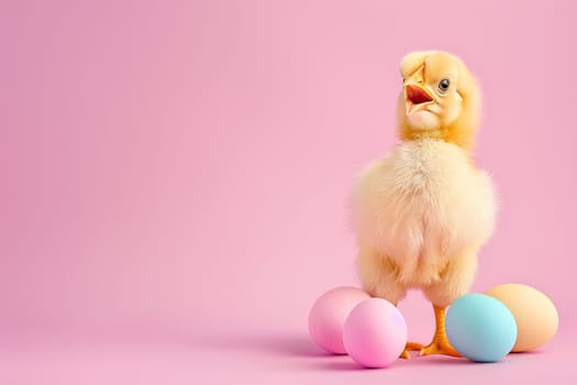 Fluffy chick alongside pastel-colored Easter eggs on pink backdrop, perfect for Easter greetings, spring promotions, or playful pet-related designs. Copy space. Easter sale, discount. Generative AI