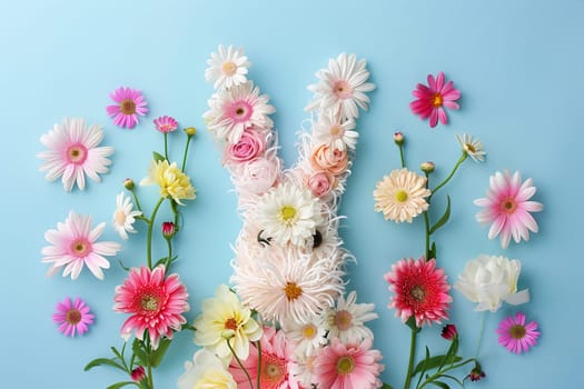 A delightful Easter bunny crafted from an array of fresh, pastel-colored flowers against a soft blue background, perfect for springtime promotions, holiday ads, or festive decors. Generative AI