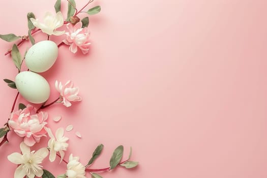 Pink Easter background with eggs, flowers and copy space for text. Soft, pastel colors. Tranquil and joyful scene. Perfect for holiday-themed designs, greeting cards. Generative AI