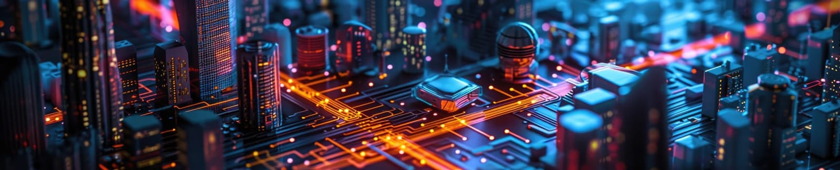 A conceptual visualization of a smart city with glowing structures on a digital circuit board, symbolizing urban technology integration concept. AIG41