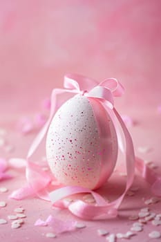 Enchanting Easter background with egg, ribbon, glitter and copy space for text. Soft pastel colors. Perfect for holiday-themed designs, greeting cards. Generative AI