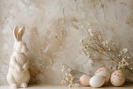 Natural Easter background with eggs, bunny, flowers and copy space for text. Soft, beige color. Perfect for spring themes, Easter content, and minimalist design projects. Greeting card. Generative AI