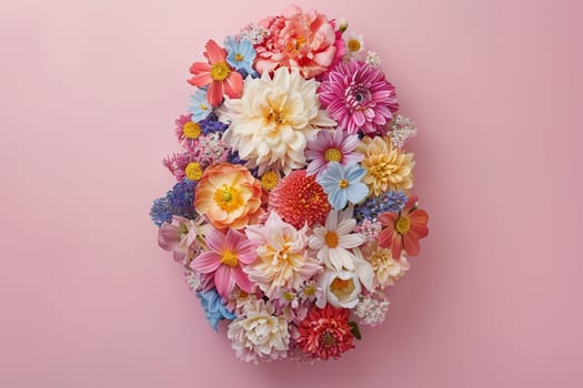 A vibrant Easter egg-shaped arrangement of multicolored spring flowers on a pastel pink backdrop, ideal for festive decorations, greeting cards, or marketing materials. Generative AI