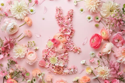 A delightful pastel background showcasing a bunny-shaped arrangement of various spring flowers, ideal for Easter promotions, springtime marketing, or creative floristry designs. Generative AI