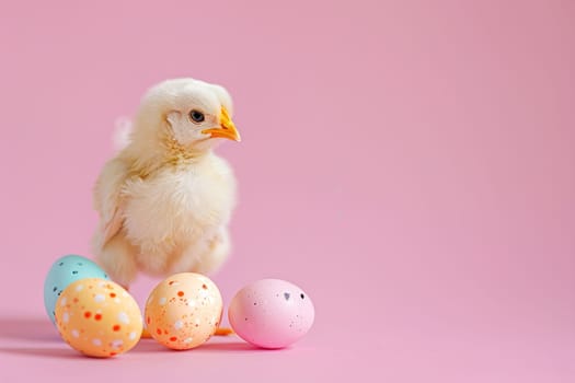 Curious chick amongst colorful speckled Easter eggs on pink background, perfect for Easter holiday promos, spring-themed visuals, or greeting cards. Copy space. Easter sale, discount. Generative AI