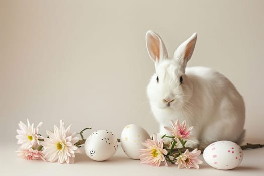 A serene white bunny accompanied by delicate pink flowers and speckled Easter eggs on a beige background, perfect for springtime advertising or holiday greeting cards. Generative AI