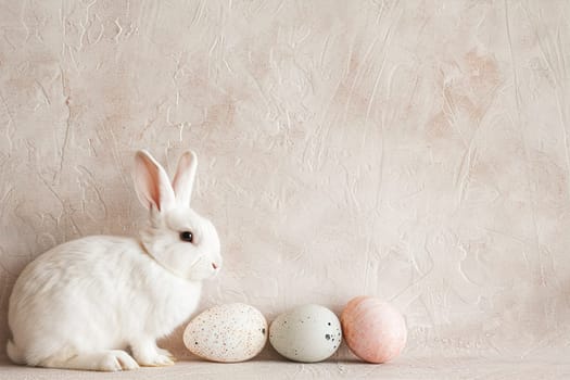 Natural Easter background with eggs, bunny and copy space for text. Soft, beige color. Perfect for spring themes, Easter content, and minimalist design projects. Greeting card. Generative AI