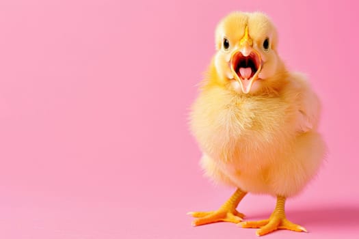 Cute, yellow chicken on soft pink background, ideal for Easter campaigns, pet supplies advertising, or as a cheerful spring graphic element. Copy space for text. Easter sale, discount. Generative AI