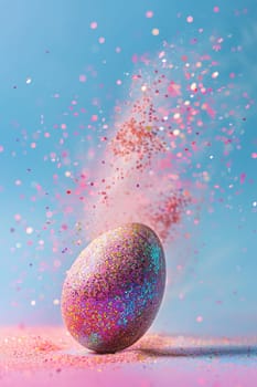 Enchanting Easter background with egg, glitter and copy space for text. Vibrant colors. Motion, particles explosion. Perfect for holiday-themed designs, greeting cards. Generative AI