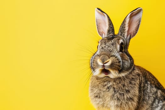 Surprised bunny against a vivid yellow background, perfect for Easter promotions, pet care advertising, or vibrant spring-themed graphics. Copy space for text. Easter sale, discount. Generative AI