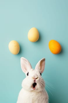 Surprised bunny against soft blue background, perfect for Easter promotions. Copy space for text. Easter sale, discount. Generative AI