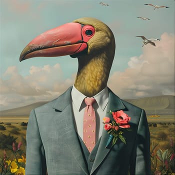 A bird in a suit and tie, set against a backdrop of a cloudy sky in a whimsical painting, showcasing the adaptation of nature into art with a touch of human gesture