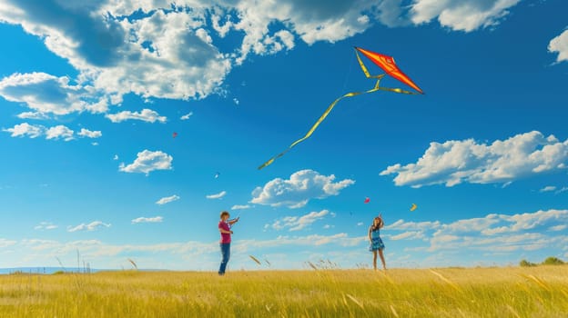 A group of people are flying kites in a grassy field under the azure sky with fluffy cumulus clouds floating in the atmosphere. AIG41