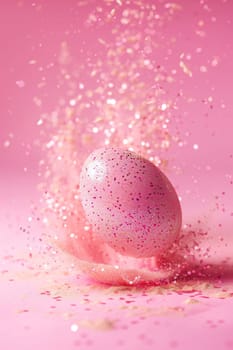 Enchanting Easter background with egg, glitter and copy space for text. Soft pastel colors. Motion, particles explosion. Perfect for holiday-themed designs, greeting cards. Generative AI