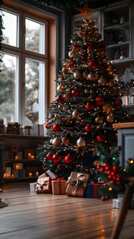 A Christmas tree with holiday ornaments stands in the living room, surrounded by gifts underneath. The evergreen tree complements the wooden interior design with festive Christmas decorations