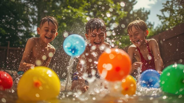 A joyful event unfolds as a group of children happily engage in a leisurely backyard activity, playing with water balloons. AIG41