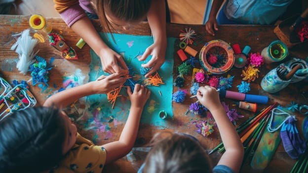 A family enjoys quality time together, engaging in arts and crafts at a colorful and messy home workstation, fostering creativity. AIG41