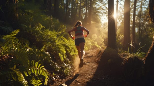 A woman wearing shorts is running through a forest trail surrounded by terrestrial plants, trees, and grass in a natural landscape. AIG41