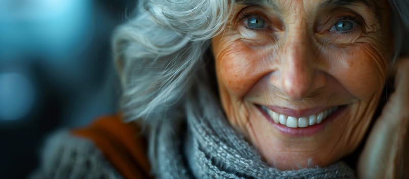 Portrait of Charming Senior Aged Woman With Gray Hair and Blue Eyes, Wrinkles in Warm Sweater, Blue Bokeh on Background Smiling with Teeth Older Female. Happy Pensioner, Retirement. AI Generated