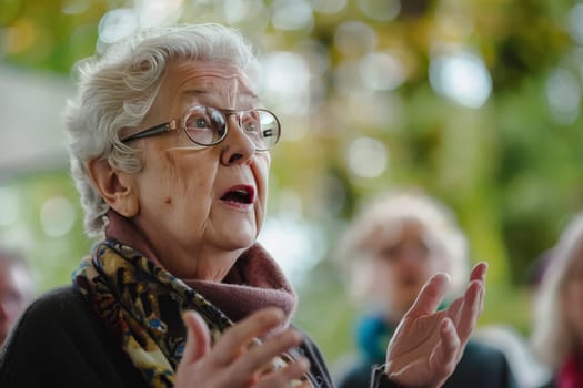 An impassioned elderly woman speaks at a Parkinson's awareness event. Her expressive gesture conveys a powerful message of hope and strength