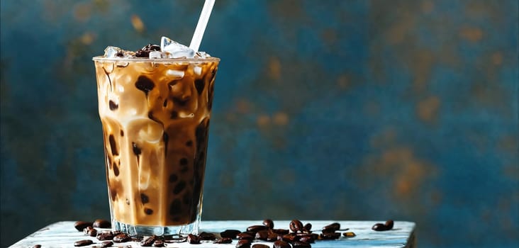 Milk Being Poured Into Iced Coffee on a dark table. Generative AI