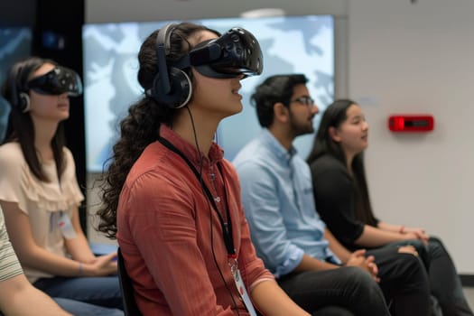 A group of language learners engage in a virtual reality environment to practice conversational skills. The VR headsets provide an immersive experience that simulates real-life interactions