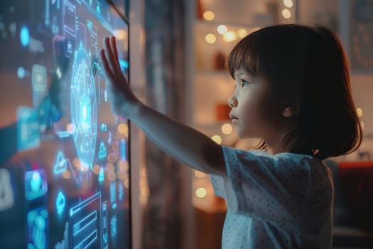 A young girl engages with a futuristic touch interface, highlighting the integration of advanced technology in early childhood education. Her curiosity is illuminated by ambient lights