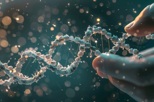 A simulated visual of hands manipulating DNA strands signifies research in Parkinson's disease genetics. The intricate dance of molecules suggests breakthroughs and hope