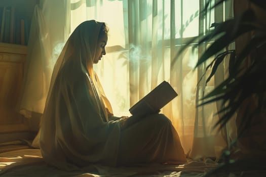 A woman in a hijab is immersed in reading a book, basked in the gentle morning sunlight. The room is a peaceful retreat, filled with lush greenery and the soft glow of daylight