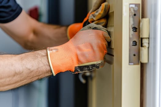 A diligent caregiver installs a safety lock, ensuring a secure environment. His expertise shines as he works meticulously to safeguard the home