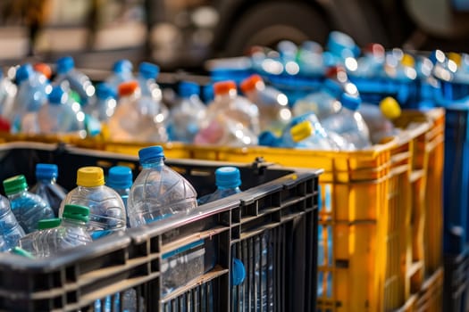 Plastic bottles are sorted in colorful crates at a recycling facility, highlighting the organized process of waste management. The focus on recycling speaks to the growing eco-consciousness in modern societies