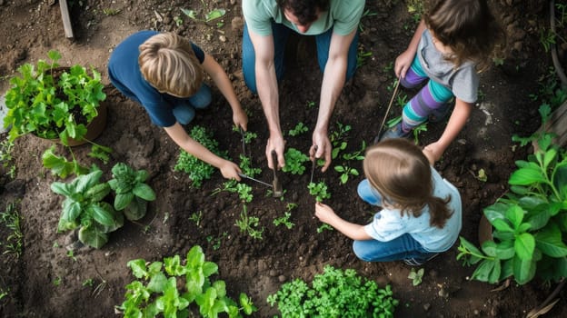 A woman and girls are leisurely planting hair, plants, and houseplants in flowerpots on the grassy garden, sharing the joy of terrestrial plant adaptation. AIG41