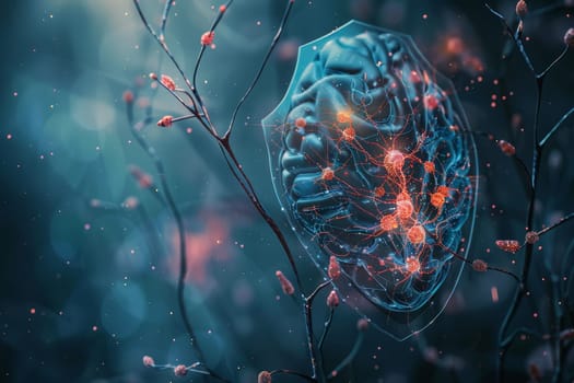 An intricate representation of a digital brain shielded by a translucent barrier, illustrating the concept of cybersecurity and mental safety. The vibrant network of neurons signifies intellectual property protection