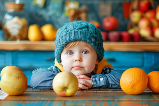 A little cute boy in a blue knitted hat sits at a table with fruit. AI generated.