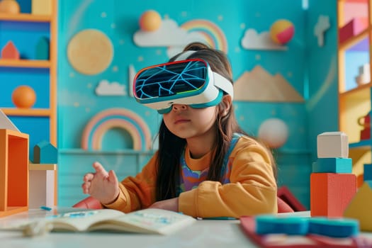 A focused child interacts with a virtual reality headset, immersed in an AI-driven educational experience. The colorful, creative background enhances the futuristic learning concept