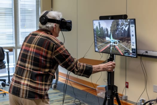 An elderly individual with Parkinson's Disease engages with a virtual reality setup, exploring a digital world with curiosity. The advanced VR headset provides an immersive experience, potentially aiding in therapy and cognitive engagement