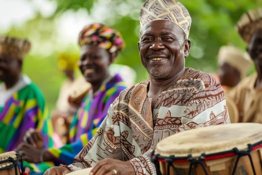 Vibrant Eid celebrations in an African village, with a man joyfully playing a drum. The festive spirit is palpable among the colorful attire and traditional music