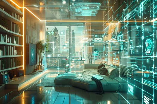 This image showcases a sophisticated, futuristic smart home interior with interactive holographic displays overlaying a cozy living space. Innovative technology seamlessly integrates into daily life.