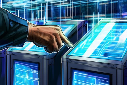 An artistic representation of a digital handshake symbolizes trust and security in a modern digital voting system, set against a backdrop of high-tech circuitry.