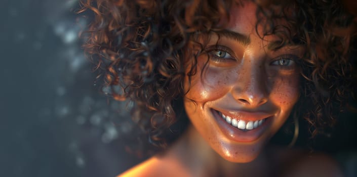 Design Portrait of Beautiful Pretty Smiling with Teeth Young Woman, Tanned Shiny Skin, Green Eyes, Freckles, Brown Lush Curly Hair on Gray Blue Background, Copy Space. AI Generated Horizontal Mockup