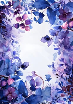 A stunning watercolor painting of purple flowers and leaves on a white background, featuring vibrant shades of violet, magenta, and electric blue