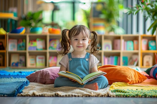 Little cute girl sitting on the floor in pillows with a book in kindergarten.