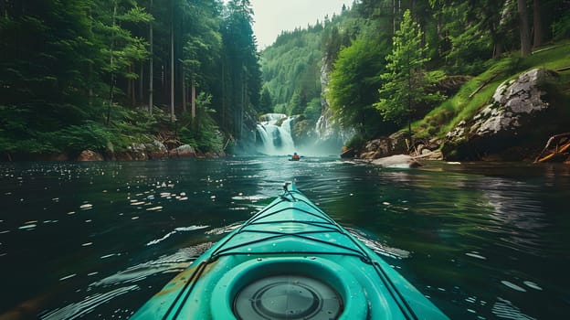 A watercraft is gliding along a river with a waterfall in the backdrop, surrounded by lush trees and natural landscapes