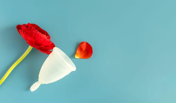 Design National Infertility Survival Day, May 1. Silicone Period Cup, Red Flower, Blood Petal Drop View From Above. Space For Text. Horizontal Template. Intimate Hygiene. Menstruation Cycle Copy Space