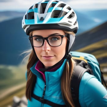 Woman wearing helmet and glasses stands confidently before towering mountain backdrop ready for adventure and exploration. She may be gearing up for bicycle ride or some other outdoor activity