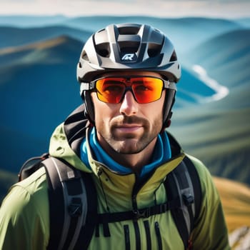 Man wearing helmet and sunglasses glasses stands confidently before towering mountain backdrop ready for adventure, exploration. He may be gearing up for bicycle ride, some other outdoor activity