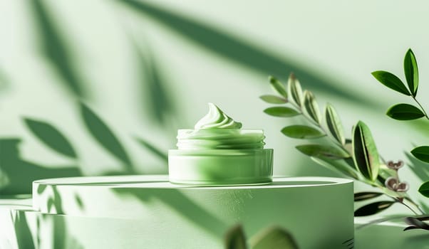 Mockup Beauty Cosmetics, Skin Care Product. Light Green Anti Ageing Cream in Glass Jar with Green Plants, Leaves, Shadows. Copy Space, Monochrome Horizontal Design. Natural, Sustainable AI Generated.
